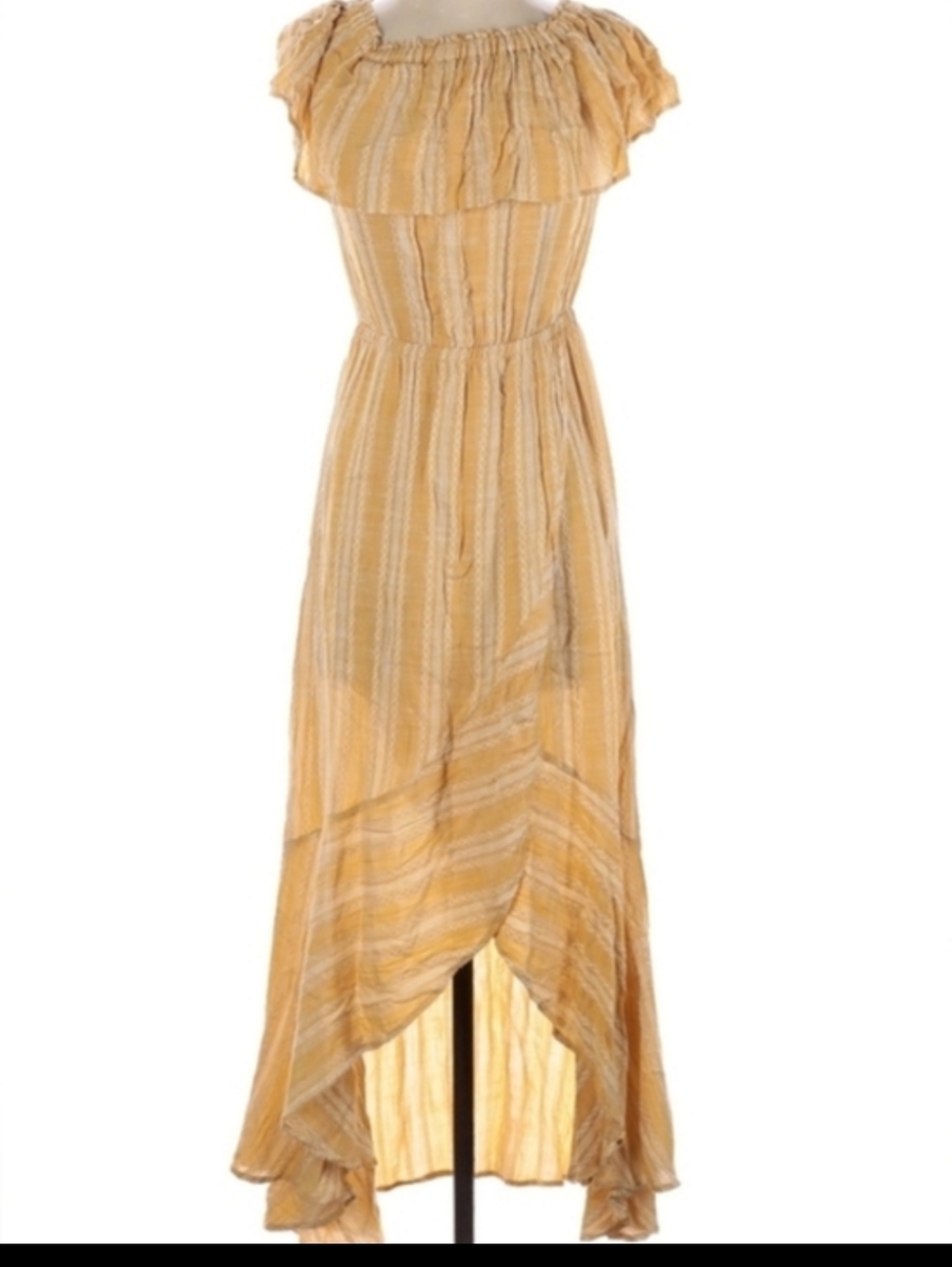 Yellow & White Stripes  Off-Shoulder Hi-Low Faux Wrap Maxi Dress
